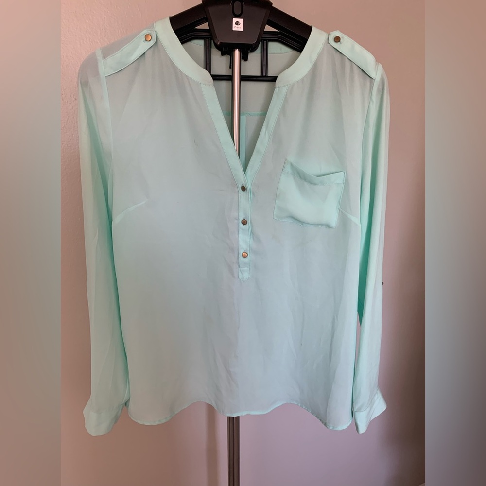 The Limited Women's Light Blue Chiffon Button Front V-Neck Long Sleeve Blouse L